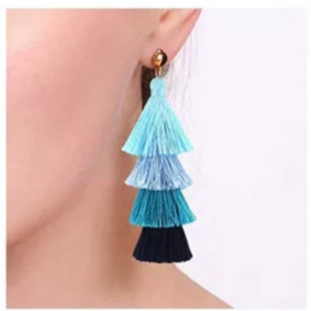 Tiered Tassel Blue Earrings - Picture 4 of 4